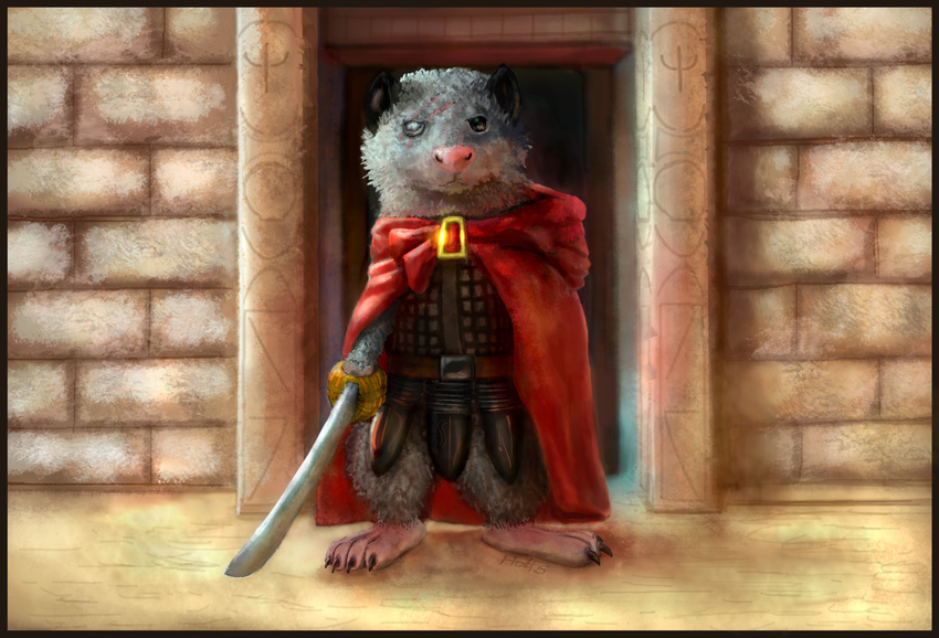 armor black_ears black_eyes brick brick_wall cape cloak clothing colored desert digital_media_(artwork) digital_painting_(artwork) doorway eye_scar fantasy fiction fur grey_fur holt5 looking_at_viewer male mammal marsupial melee_weapon opossum paint red_cape saber sand scar solo standing sword warrior weapon