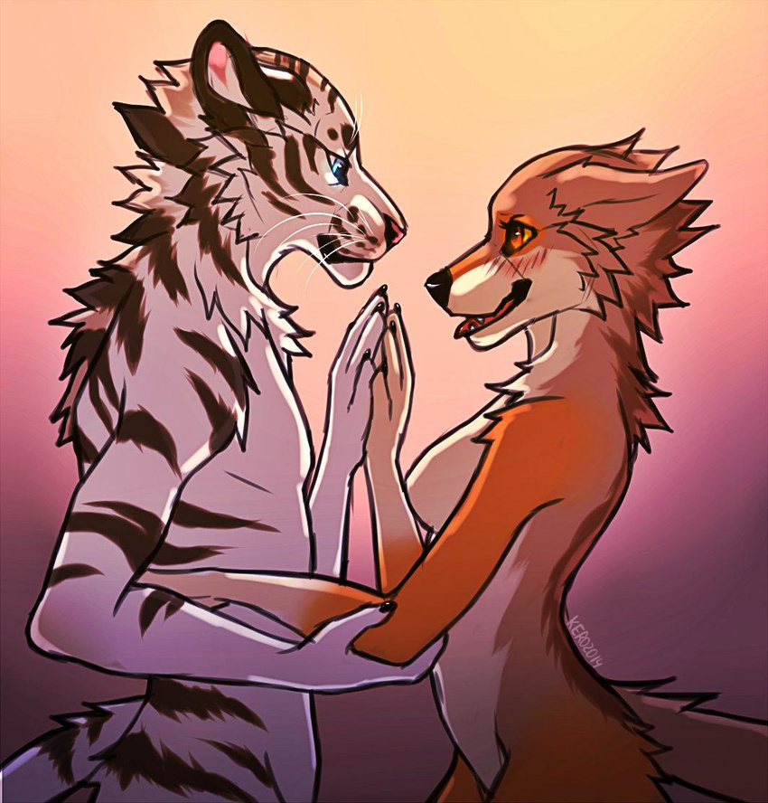 amber_eyes anthro black_lips blue_eyes breasts canine dog duo eye_contact featureless_breasts feline female fur kero_tzuki male mammal simple_background smile striped_fur stripes tiger tongue whiskers