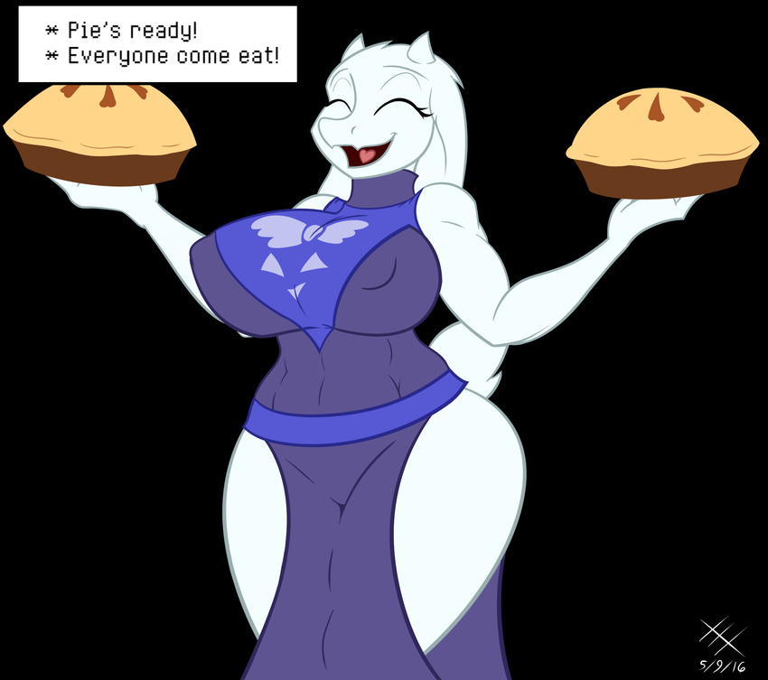 2016 anthro big_breasts black_background boss_monster breasts caprine clothing english_text eyelashes eyes_closed female food fur goat horn jrvanesbroek kaiuchiha15 long_ears mammal mature_female mother nipple_bulge open_mouth parent pie robe simple_background solo text toriel undertale video_games white_fur wide_hips