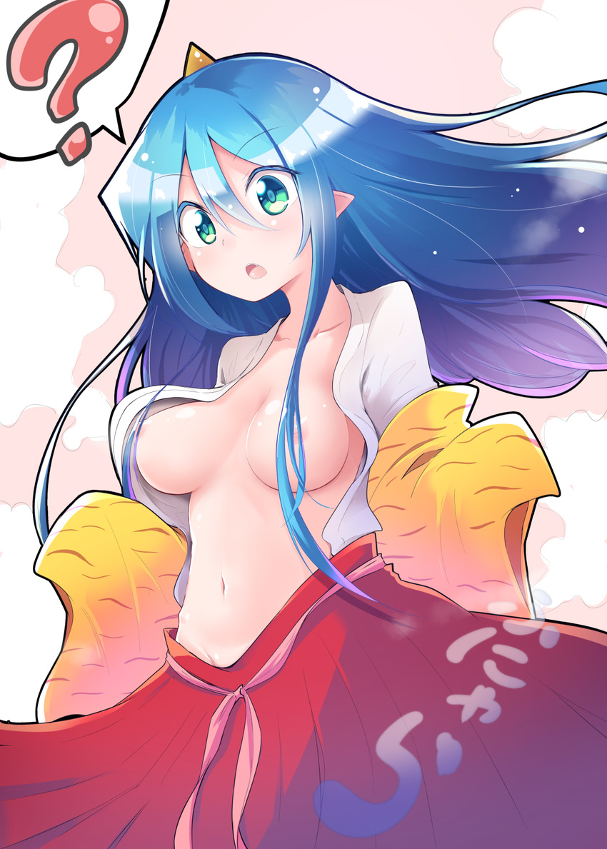 ? bangs blue_eyes blue_hair blush breasts chipa_(arutana) commentary_request cowboy_shot eyebrows_visible_through_hair fang groin hair_between_eyes highres horn long_hair medium_breasts momotarou_densetsu navel nipple_slip nipples open_clothes open_mouth pointy_ears sleeves_past_fingers sleeves_past_wrists solo spoken_question_mark stomach yasha