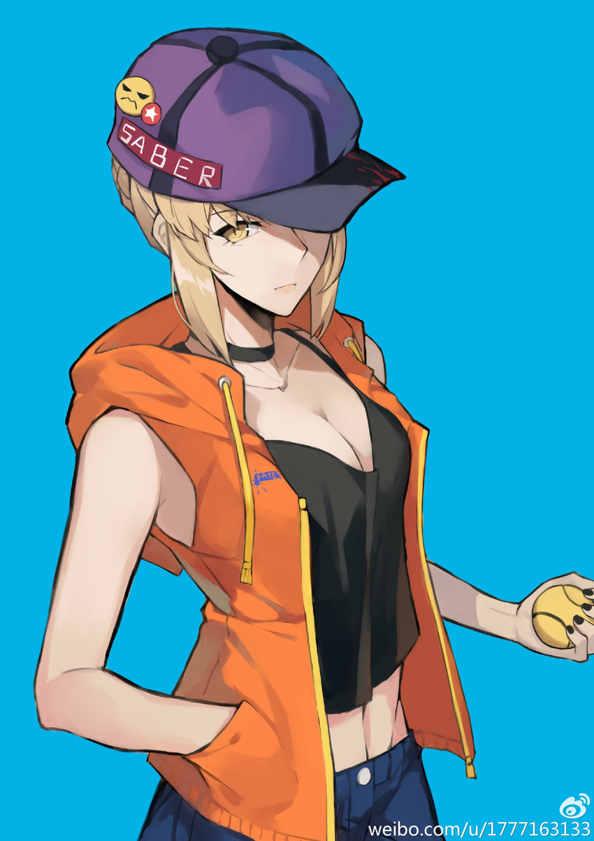 absurdres artoria_pendragon_(all) artoria_pendragon_(lancer_alter) baseball baseball_cap blonde_hair blue_background breasts camisole choker cleavage closed_mouth crop_top fate/grand_order fate_(series) hand_in_pocket hat highres hood hooded_jacket hoodie jacket kamisa large_breasts looking_away midriff nail_polish open_clothes open_hoodie open_jacket short_hair simple_background sleeveless_jacket solo watermark web_address yellow_eyes