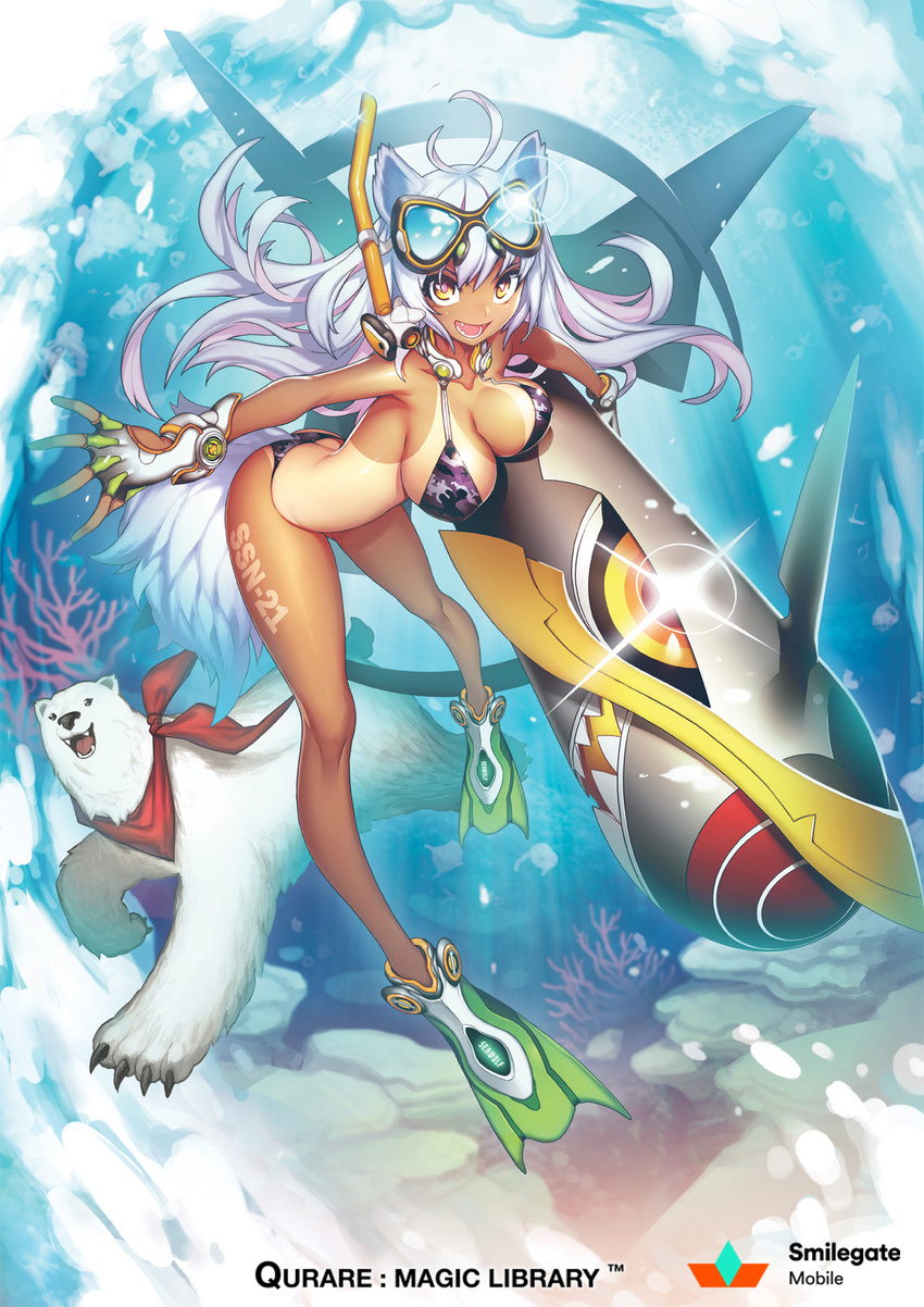:d ahoge animal_ears arched_back bear bikini breasts brown_eyes camouflage camouflage_bikini cleavage diving_mask fingerless_gloves flippers glint gloves goggles goggles_on_head highres large_breasts octoman one-piece_tan open_mouth polar_bear qurare_magic_library silver_hair smile snorkel solo string_bikini swimsuit tail tan tanline torpedo