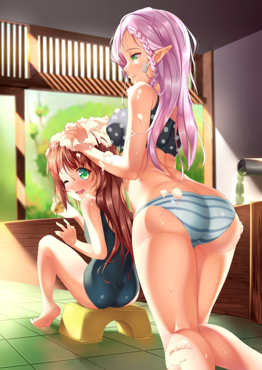 2girls ;d age_difference ass bare_arms bare_legs bare_shoulders bikini braid breasts butt_crack ceiling child closed_mouth female from_behind gorudazo highres holding indoors kneeling long_hair looking_at_viewer looking_back multiple_girls nipples one-piece_swimsuit one_eye_closed open_mouth original pointy_ears polka_dot polka_dot_bikini profile single_braid sitting smile soap striped striped_bikini swimsuit tile_floor tiles washing yuri