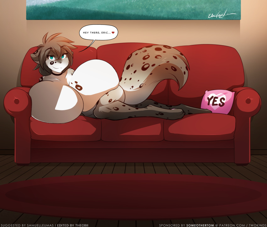 &lt;3 2019 anthro big_breasts breasts casual_nudity comic edit featureless_breasts felid female fur hand_on_hip hi_res huge_breasts hybrid hyper hyper_breasts kathrin_vaughan keidran looking_at_viewer lying mammal nude on_side seductive smile smirk sofa solo spots spotted_fur text theobii_(artist) tom_fischbach twokinds webcomic