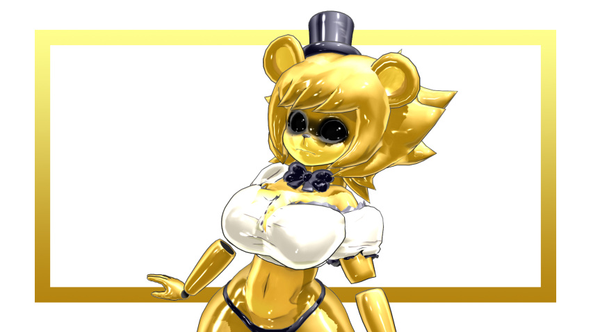 anthro big_breasts black_bow_tie black_clothing black_eyes black_thong black_top_hat black_underwear breasts clothing female five_nights_at_freddy's fur golden_freddy_(fnaf) golden_fredina_(cally3d) hi_res mammal no_pupils prykez scottgames shirt solo thong topwear underwear ursid video_games yellow_body yellow_fur