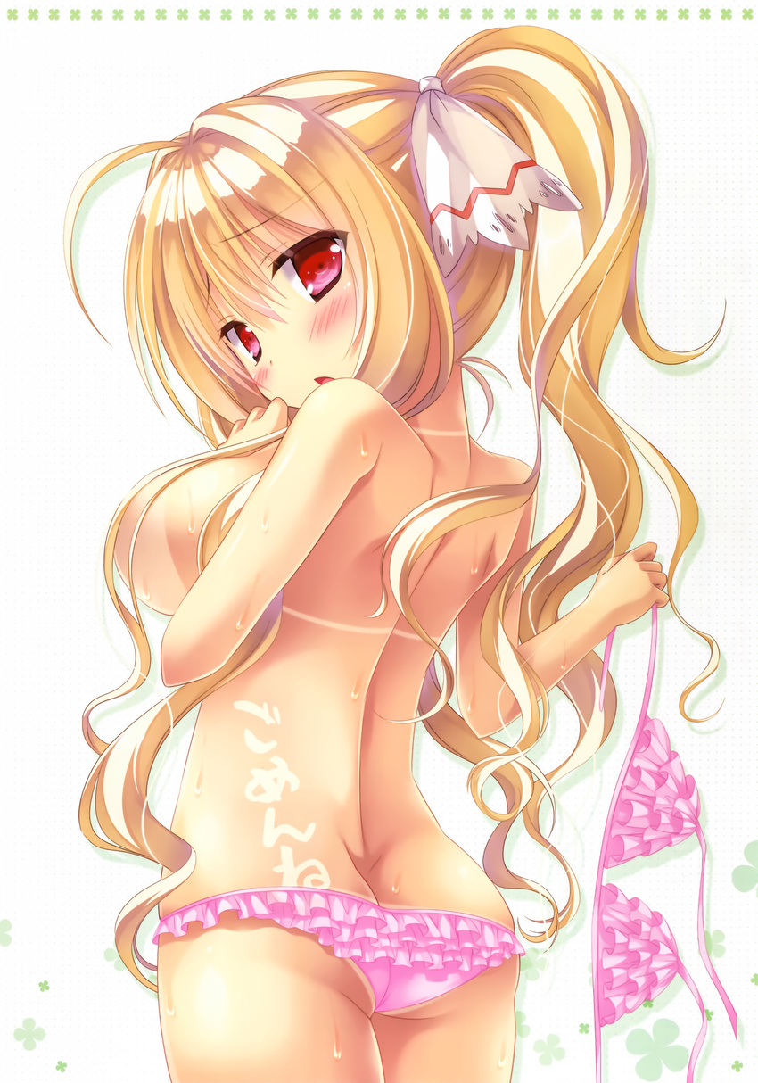 absurdres ahoge alicetia_wallenberg_kezouji ashishun ass back bangs between_breasts bikini bikini_tan bikini_top_removed blonde_hair blush body_writing bow breasts eyebrows_visible_through_hair frilled_bikini frills from_behind hair_between_eyes hair_bow hair_intakes hair_ornament hand_between_breasts hand_to_own_mouth hands_up highres holding_bikini_top huge_filesize large_breasts long_hair looking_at_viewer looking_back open_mouth pink_bikini pink_eyes ponytail primal_hearts_2 purple_eyes scan shoulder_blades sideboob solo standing string_bikini sun_tattoo sweat swimsuit tan tanline topless white_bow