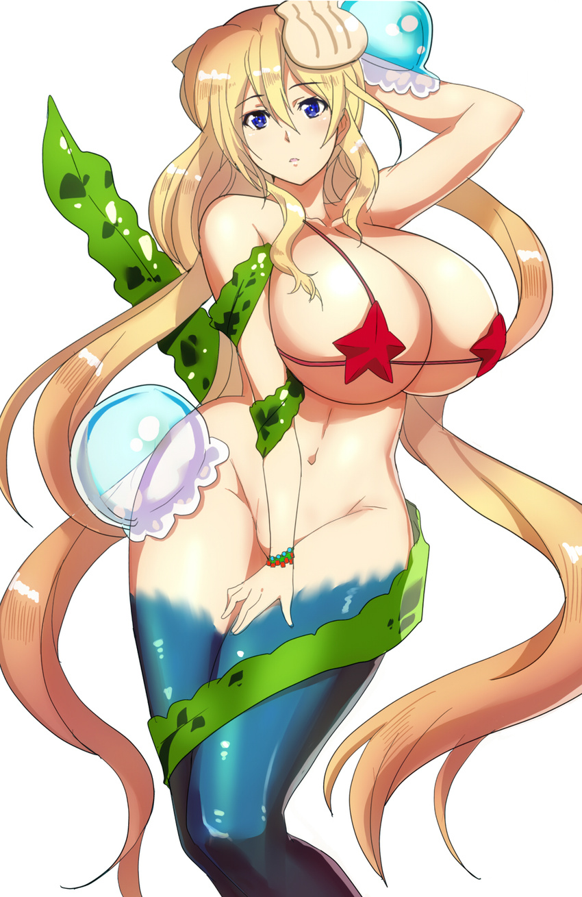 1girl bikini_top blonde_hair blue_eyes bottomless bracelet breasts covering covering_crotch curvy female graphite_(medium) highres huge_breasts jellyfish long_hair looking_at_viewer mermaid micro_bikini monster_girl mound_of_venus navel original red_bikini red_swimsuit seaweed shell simple_background solo string_bikini swimsuit tamanegiya very_long_hair white_background wide_hips