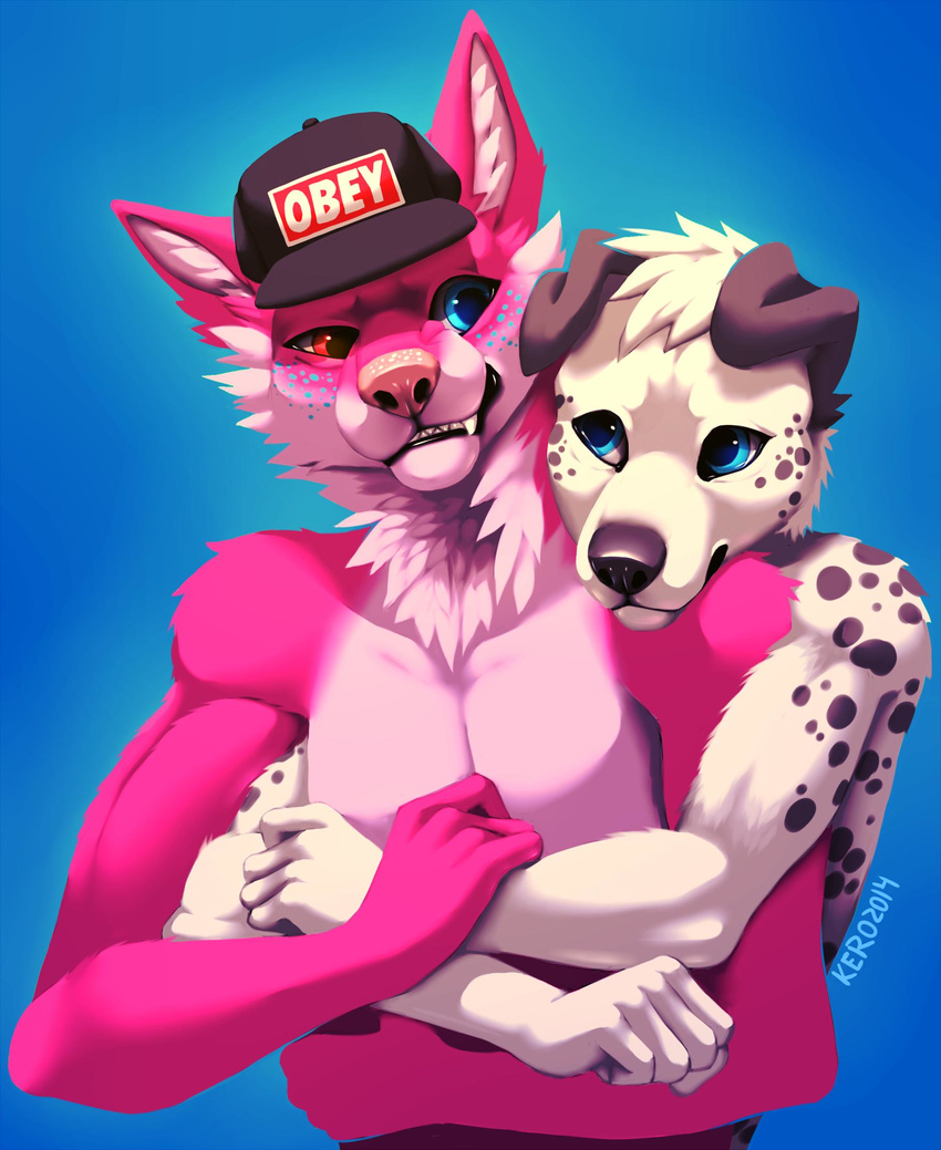 2014 5_fingers anthro black_spots blakc_nose canine dog duo fur hat heterochromia inner_ear_fluff kero_tzuki magenta_fur male mammal pink_nose red_eyes simple_background smile spots spotted_fur white_fur