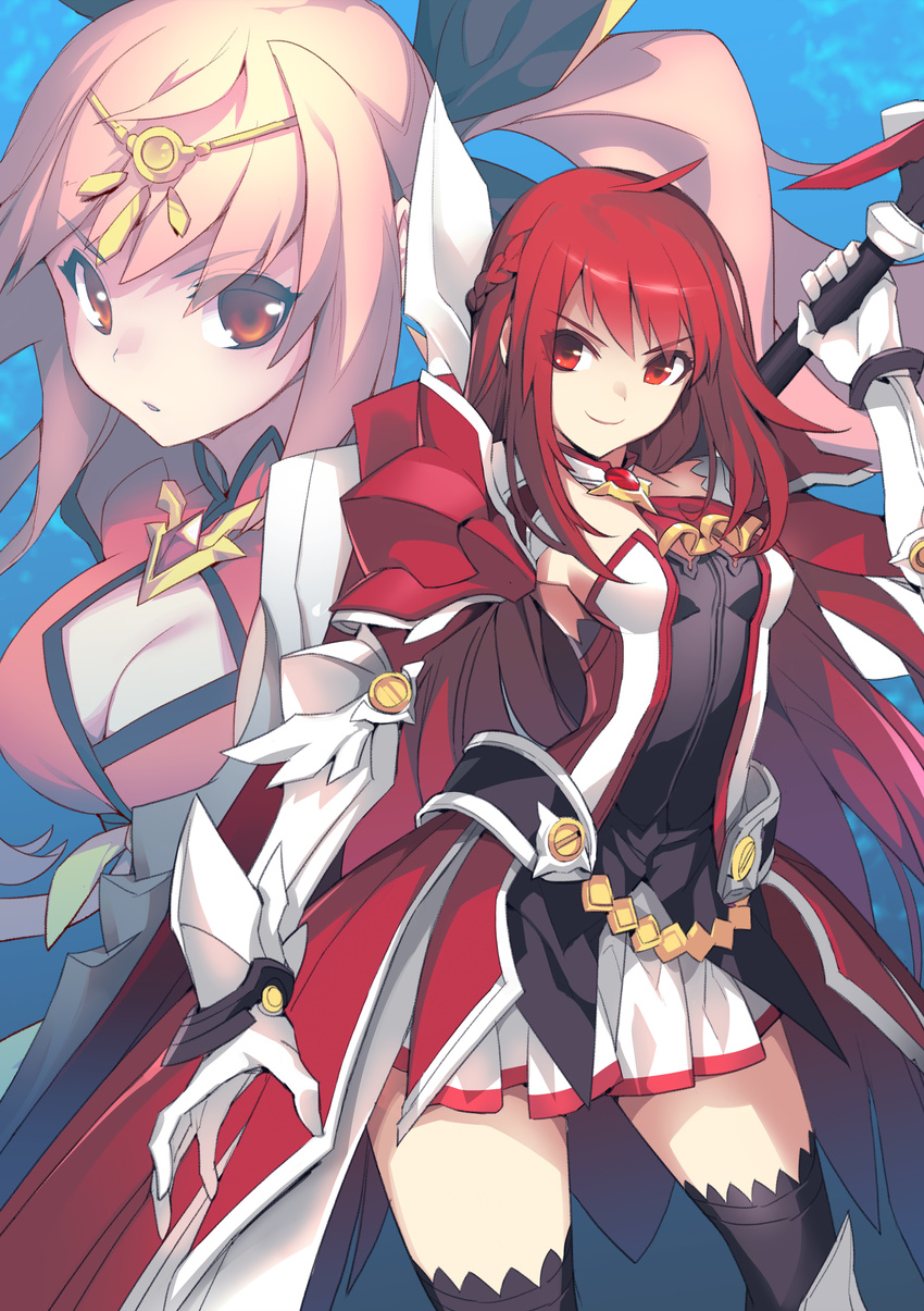 absurdres arm_up armor armored_dress black_legwear braid breasts circlet cleavage cleavage_cutout contrapposto dress elesis_(elsword) elsword faulds gloves grand_master_(elsword) half_updo highres huge_weapon ignia_(elsword) long_hair multiple_girls octoman parted_lips pauldrons pink_hair projected_inset red_eyes red_hair short_dress small_breasts smile standing strapless strapless_dress thighhighs vambraces very_long_hair weapon white_gloves