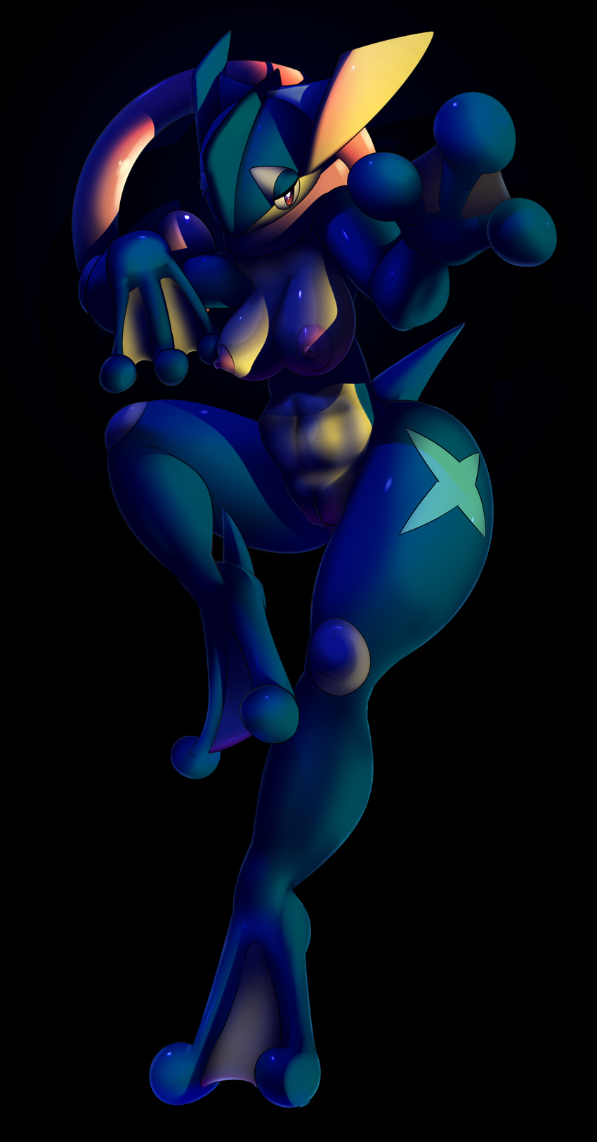 2014 amphibian anthro areola big_breasts black_background breasts elpatrixf feet female frog greninja hi_res looking_at_viewer nintendo nipples non-mammal_breasts nude pok&eacute;mon pussy simple_background solo tongue video_games webbed_feet webbed_hands