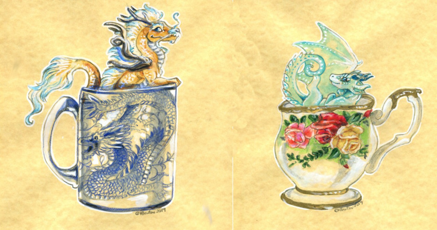 2019 ambiguous_gender blue_eyes blue_scales cup dragon eastern_dragon feral hair heather_bruton horn membranous_wings multiple_images plant rose_(flower) scales scalie simple_background solo tan_background tea_cup western_dragon white_hair white_scales wings yellow_scales