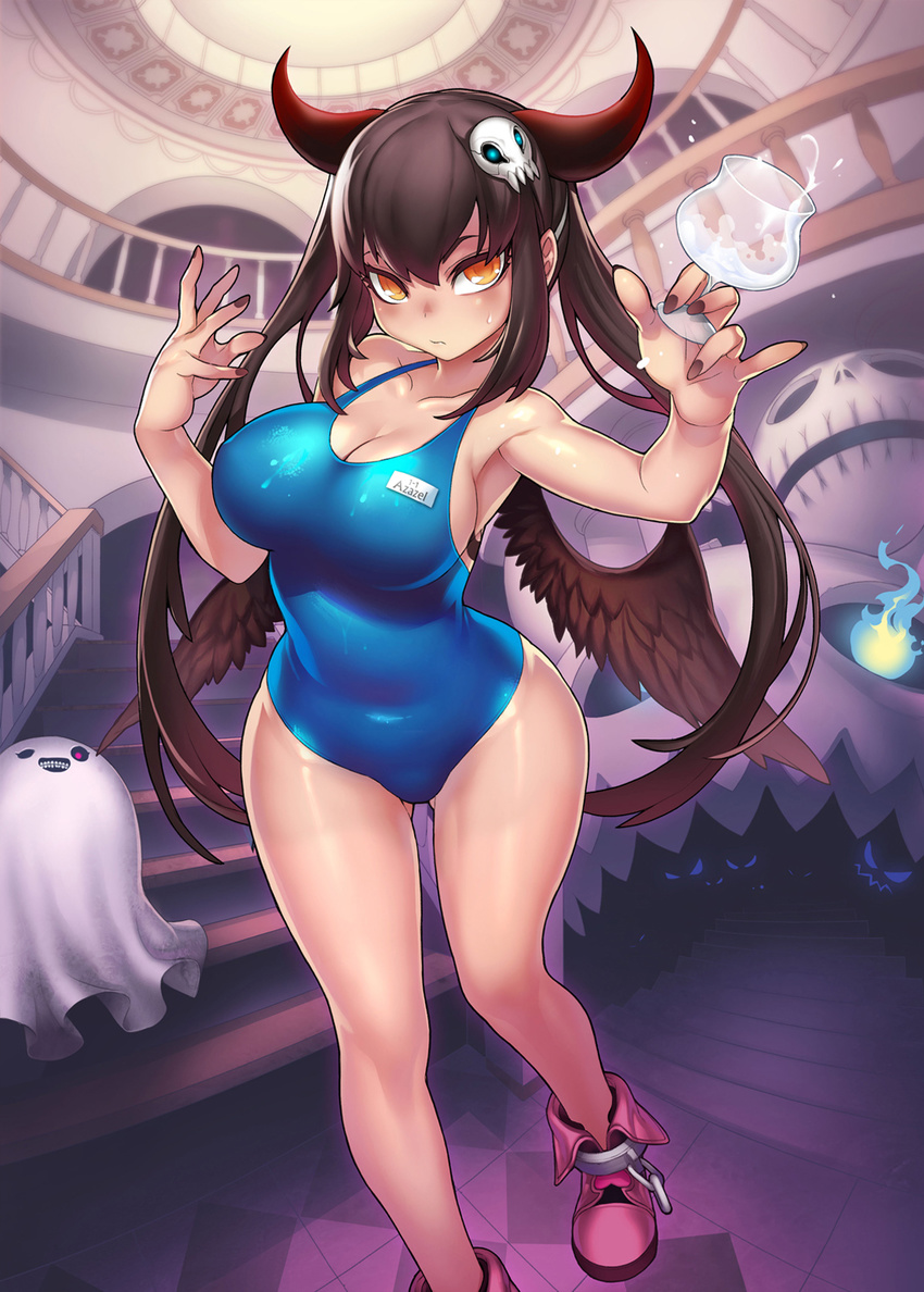 black_hair black_nails black_wings blue_swimsuit boots breasts cleavage fisheye glass hair_ornament highres horns indoors large_breasts long_hair nail_polish name_tag non-web_source octoman one-piece_swimsuit orange_eyes qurare_magic_library sideboob skull_hair_ornament solo sweatdrop swimsuit twintails wings