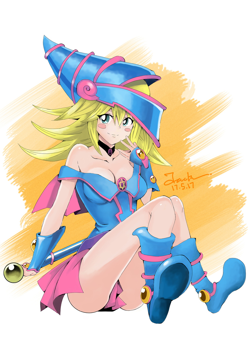 absurdres artist_name bare_shoulders blonde_hair blue_footwear blush blush_stickers boots breasts choker cleavage dark_magician_girl dated duel_monster green_eyes hair_between_eyes hand_on_own_face hat highres j@ck large_breasts long_hair miniskirt pentacle pleated_skirt skirt smile solo staff wizard_hat yuu-gi-ou yuu-gi-ou_duel_monsters