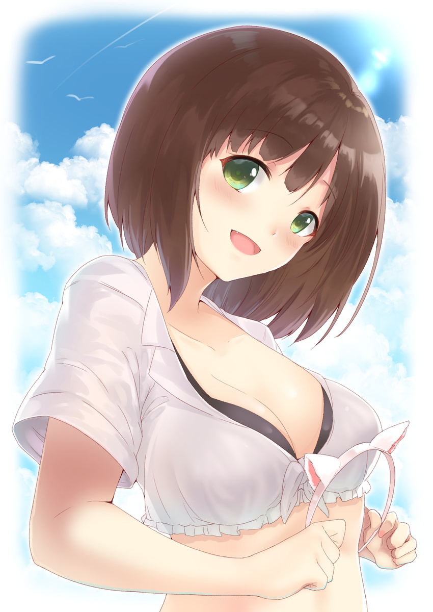 :d animal_ears bangs bird black_bikini_top blue_sky blush breasts brown_hair cat_ears cleavage cloud collarbone commentary_request condensation_trail crop_top day enatsu eyebrows_visible_through_hair fake_animal_ears fang front-tie_top green_eyes hairband hairband_removed head_tilt highres holding idolmaster idolmaster_cinderella_girls large_breasts looking_at_viewer maekawa_miku midriff open_mouth outdoors outline seagull shirt short_hair short_sleeves sky smile solo upper_body white_hairband white_outline white_shirt