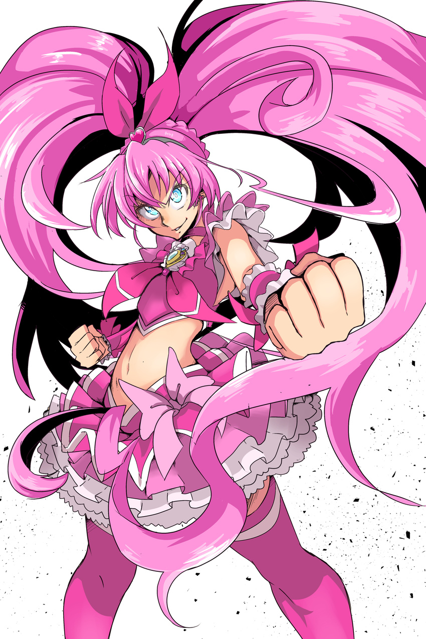 absurdres blue_eyes bow brooch choker clenched_hand cowboy_shot crop_top cure_melody fighting_stance frilled_skirt frills grin hair_bow hairband highres houjou_hibiki jersey_68 jewelry long_hair looking_at_viewer magical_girl midriff navel pink pink_bow pink_choker pink_hair pink_legwear precure skirt smile solo suite_precure thighhighs twintails white_background wrist_cuffs