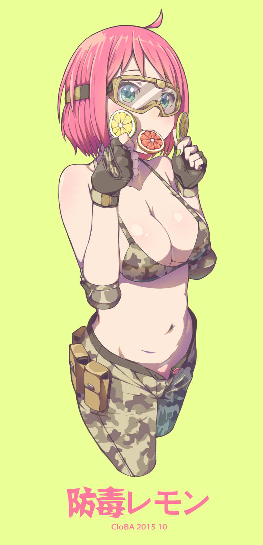 2015 absurdres ahoge artist_name bangs bare_shoulders bikini breasts buttons camouflage camouflage_bikini camouflage_gloves camouflage_pants cloba collarbone dated elbow_pads fingerless_gloves food fruit gloves goggles green_background green_eyes groin hands_up highres holding large_breasts lemon lemon_slice looking_at_viewer midriff navel open_fly original pants pink_hair short_hair simple_background solo standing stomach swimsuit unbuttoned unzipped zipper