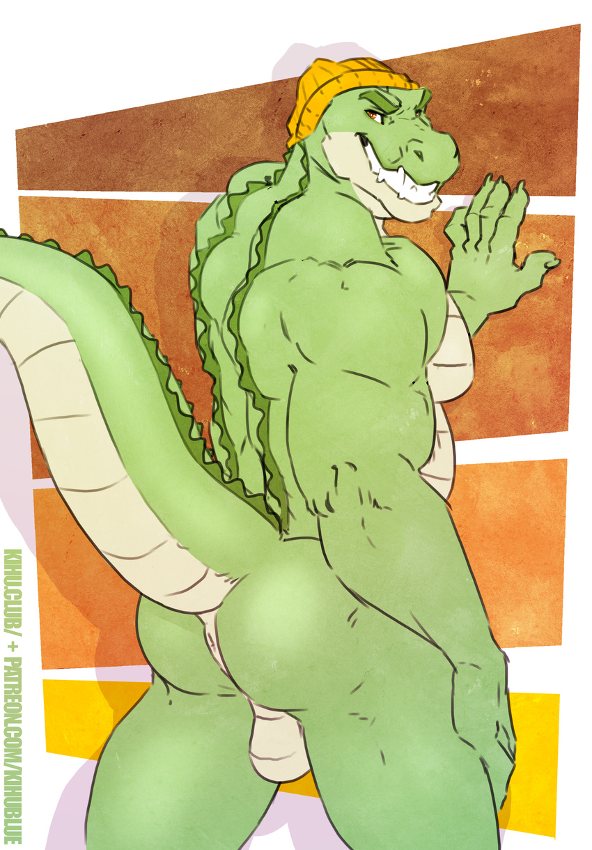 5_fingers anthro anus balls beanie biceps big_biceps brown_eyes butt clothed clothing colored crocodile crocodilian erection green_body grin hat hi_res kihu looking_back male muscular muscular_male nude open_mouth penis raised_tail reptile scales scalie simple_background smile solo teeth
