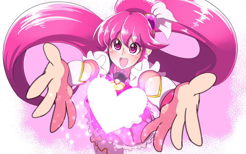 :d absurdres aino_megumi brooch cure_lovely from_above hair_ornament happinesscharge_precure! happy heart heart_hair_ornament highres jersey_68 jewelry long_hair looking_at_viewer open_mouth outstretched_hand pink pink_background pink_eyes pink_hair pink_skirt precure skirt smile solo thighhighs white_legwear wrist_cuffs