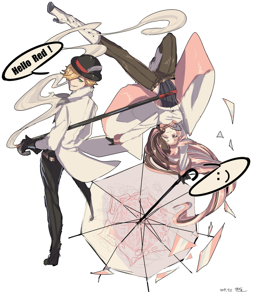 1girl bowler_hat brown_eyes brown_hair cane commentary_request emoticon english green_eyes hat heterochromia highres macchoko melodic_cudgel multicolored_hair neo_(rwby) orange_hair parasol pink_eyes pink_hair roman_torchwick rwby smile umbrella upside-down