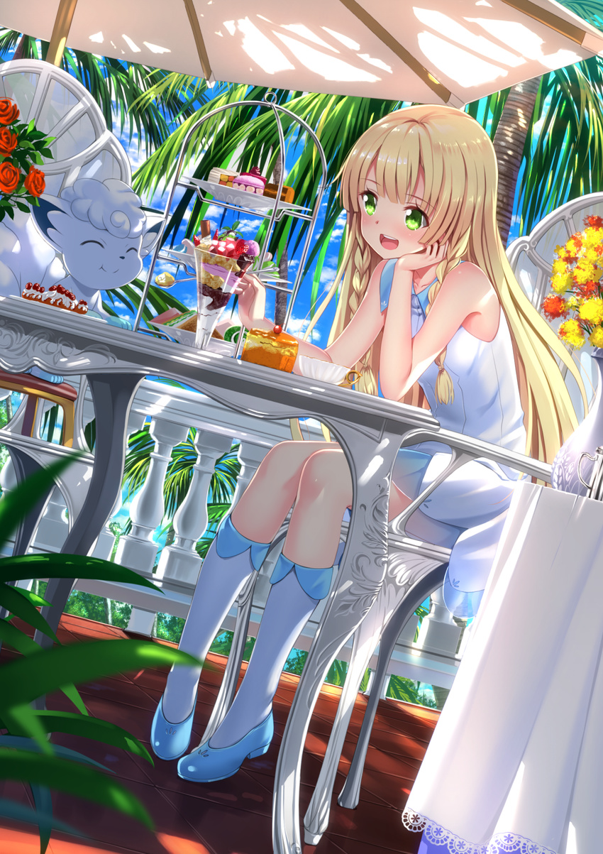 :d :t ^_^ alolan_form alolan_vulpix armchair bangs blonde_hair blue_footwear braid cake chair chin_rest closed_eyes commentary_request cup day dessert dress dutch_angle feeding flower food full_body green_eyes happy highres kneehighs lillie_(pokemon) long_hair looking_at_another macaron open_mouth outdoors palm_tree parfait pokemon pokemon_(creature) pokemon_(game) pokemon_sm railing red_flower red_rose rose shoes side_braid sitting sleeveless sleeveless_dress slice_of_cake smile spoon sunlight sweets swordsouls table tablecloth teacup tiered_tray tile_floor tiles tree twin_braids umbrella vase white_legwear