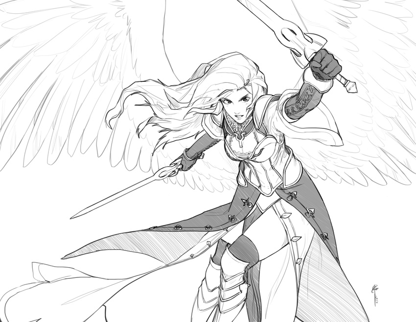 absurdres angel angel_wings armor corset dual_wielding feathered_wings flying gisela_blade_of_goldnight gloves greyscale highres holding leg_armor less long_hair looking_at_viewer magic:_the_gathering monochrome ornate_armor simple_background solo sword thighhighs weapon white_background wings