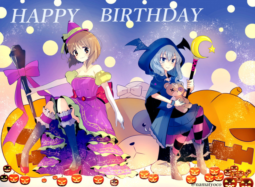 2girls bangs barefoot bat_wings black_legwear blush boots bow brown_eyes brown_hair closed_mouth commentary crescent dress flats garters girls_und_panzer grey_background grey_hair hair_down halloween_costume happy_birthday hat highres holding holding_staff holding_stuffed_animal holding_weapon jack-o'-lantern kneehighs light_brown_eyes long_hair looking_at_viewer medium_dress multiple_girls namatyoco nishizumi_miho off-shoulder_dress off_shoulder oversized_object panzerfaust puffy_short_sleeves puffy_sleeves purple_bow purple_dress purple_hat purple_ribbon red_footwear ribbon shimada_arisu short_hair short_sleeves sitting smile staff star striped striped_legwear stuffed_animal stuffed_toy teddy_bear twitter_username weapon wings witch_costume witch_hat