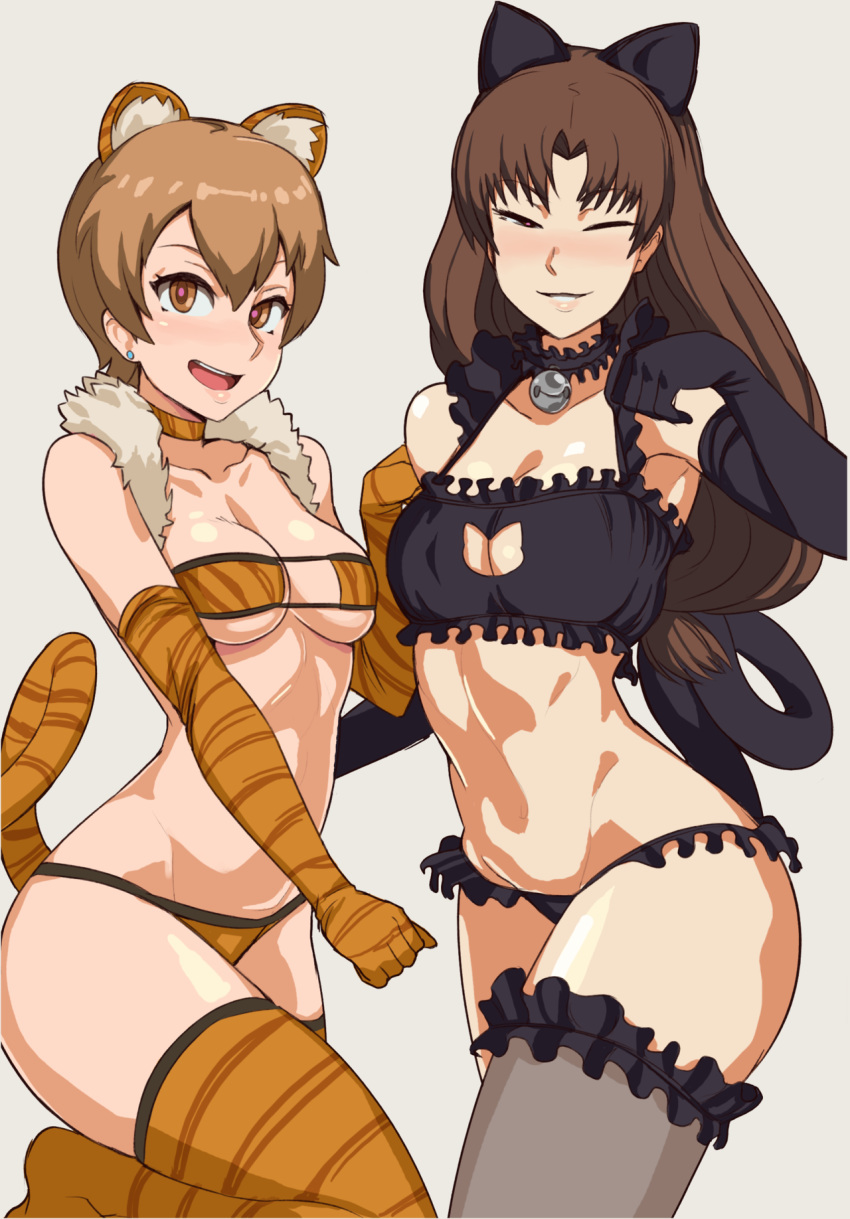 2girls animal_ears animal_print bell bell_choker bikini black_bra black_gloves black_panties blush bra breasts brown_eyes brown_hair cat_cutout cat_ears cat_lingerie cat_tail choker cleavage collarbone commentary elbow_gloves english_commentary fate/hollow_ataraxia fate/stay_night fate_(series) feather_boa frilled_choker frilled_garter frills fujimura_taiga garters gloves groin highres hotaruzuka_otoko jingle_bell kemonomimi_mode large_breasts light_brown_eyes light_brown_hair lips medium_breasts meme_attire micro_panties multiple_girls nose_blush open_mouth orange_gloves orange_legwear panties sheer_legwear standby strapless strapless_bikini striped striped_legwear swimsuit tail thighhighs thighs tiger_ears tiger_print tiger_tail underboob underwear white_background