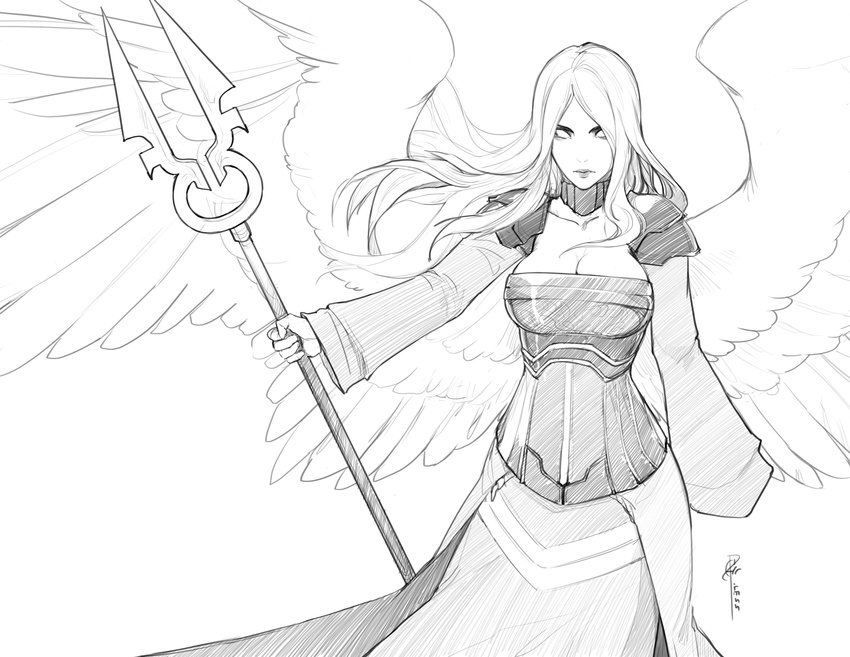 absurdres angel angel_wings armor avacyn collar corset feathered_wings floating_hair greyscale highres holding holding_weapon huge_filesize lance less long_hair long_skirt long_sleeves looking_at_viewer magic:_the_gathering monochrome no_bra no_pupils pauldrons polearm signature simple_background skirt solo standing weapon white_background wings