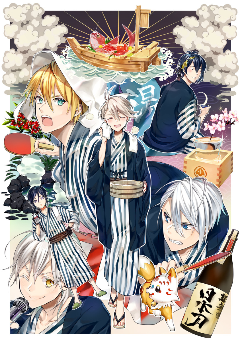 1other 5boys ;) ^_^ aqua_eyes black_gloves black_hair blonde_hair blue_eyes blue_hair bottle cherry_blossoms clenched_teeth closed_eyes crescent_moon eyes_closed fish food fox gloves highres houhou_(black_lack) japanese_clothes katsugeki/touken_ranbu kimono konnosuke microphone mikazuki_munechika moon multiple_boys one_eye_closed onsen open_mouth paddle purple_eyes sandals saniwa_(katsugeki/touken_ranbu) sashimi silver_hair smile table_tennis_paddle teeth touken_ranbu towel towel_around_neck tsurumaru_kuninaga v-shaped_eyebrows white_hair yagen_toushirou yamanbagiri_chougi yamanbagiri_kunihiro yellow_eyes