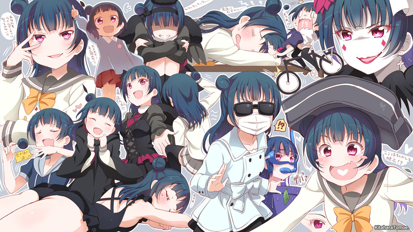 artist_name bag bicycle birthday black_dress black_hairband blue_hair blush_stickers bow bowtie cross cross_earrings diving_mask diving_mask_on_eyes dress earrings facepaint fang frilled_swimsuit frills gothic_lolita ground_vehicle hair_bun hairband happy_birthday jewelry kindergarten_uniform kitahara_tomoe_(kitahara_koubou) lolita_fashion long_hair love_live! love_live!_sunshine!! lying multiple_views object_on_head on_stomach pink_eyes school_bag school_uniform short_hair sleeping snorkel snorkel_in_mouth sunglasses surgical_mask swimsuit translation_request tsushima_yoshiko uranohoshi_school_uniform yellow_bow yellow_neckwear younger