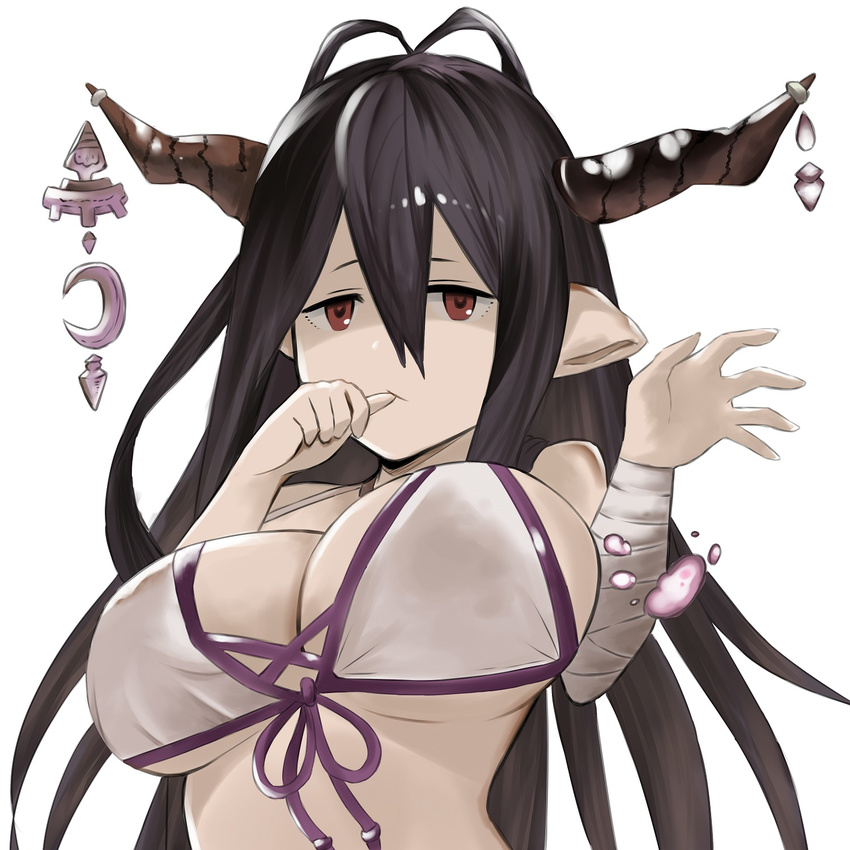 antenna_hair bandages black_hair breasts cleavage danua draph granblue_fantasy hair_between_eyes highres horn_ornament horns j@ck jewelry large_breasts long_hair necklace pointy_ears red_eyes solo