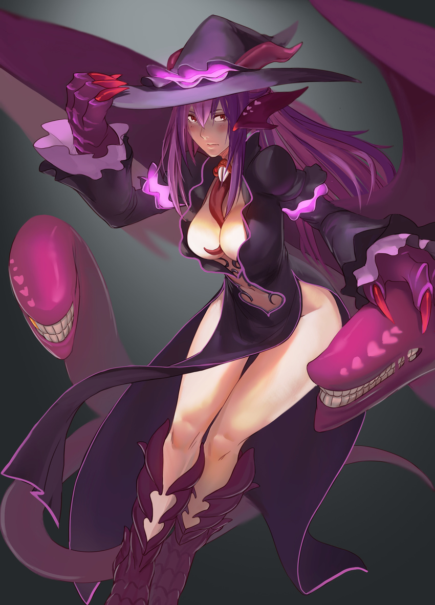 :/ absurdres between_breasts black_dress blush breasts center_opening claws closed_mouth commission dragon_girl dragon_wings dress extra_tongue gold_teeth grin hand_on_another's_head hand_on_headwear hat highres horns jabberwock_(monster_girl_encyclopedia) juliet_sleeves less long_hair long_sleeves looking_at_viewer medium_breasts monster_girl monster_girl_encyclopedia navel no_panties paws pelvic_curtain puffy_sleeves purple_hair red_eyes simple_background smile teeth thighs v-shaped_eyebrows wings witch witch_hat