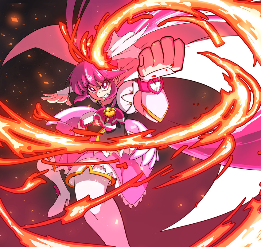 aino_megumi angry black_shirt boots bow bright_pupils brooch cape clenched_hand clenched_teeth cure_lovely fighting_stance fire full_body happinesscharge_precure! highres jersey_68 jewelry long_hair looking_at_viewer magical_girl pink_bow pink_eyes pink_hair pink_skirt ponytail precure puffy_sleeves shirt sidelocks skirt solo teeth thigh_boots thighhighs white_footwear wrist_cuffs