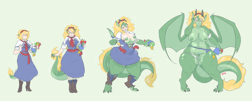 alice_margatroid anthro big_breasts blonde_hair breast_expansion breasts butt_expansion clothing dragon female hair horn pussy sequence solo torn_clothing touhou transformation unknown_artist voluptuous wide_hips