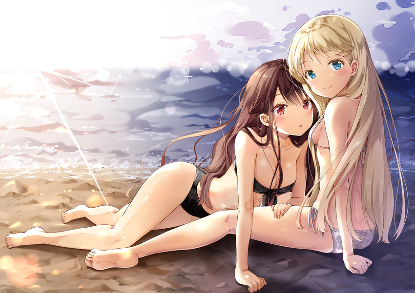 absurdres arm_support bad_id bad_twitter_id bandeau bare_legs bare_shoulders barefoot beach bikini black_bikini blonde_hair blue_eyes blush breasts brown_hair cleavage closed_mouth day hair_over_breasts hand_on_another's_thigh highres long_hair looking_at_viewer lying medium_breasts multiple_girls navel open_mouth original outdoors red_eyes side-tie_bikini sideboob sitting small_breasts smile sparkle sunlight swimsuit white_bikini yoshida_iyo yuri