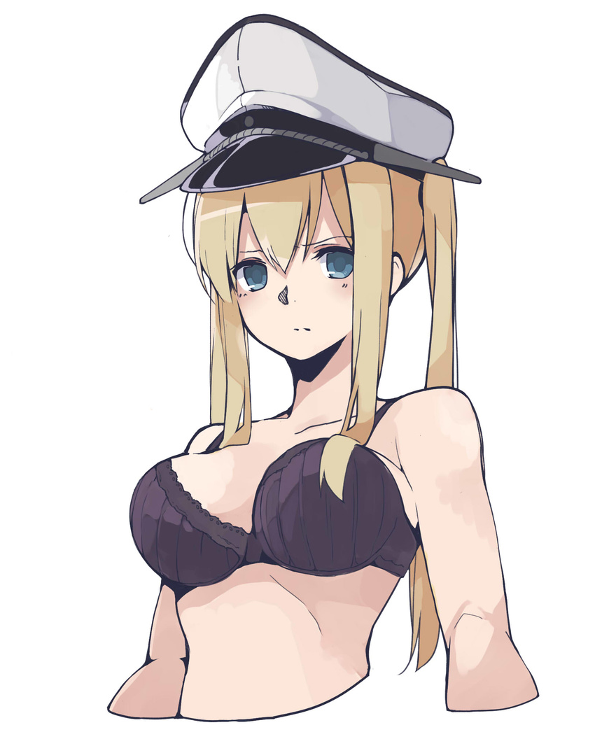 akagawa007 bad_id bad_pixiv_id black_bra blonde_hair blue_eyes bra breasts cropped_arms cropped_torso graf_zeppelin_(kantai_collection) hair_over_breasts hat highres kantai_collection looking_at_viewer medium_breasts peaked_cap simple_background solo twintails underwear upper_body white_background