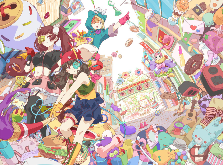 acoustic_guitar animal_hood black_shirt blonde_hair book box candy cardboard_box cat_hood cookie crop_top doughnut food fujita_mariko green_jacket guitar hamburger hat highres hood horned_headwear instrument jacket jitome letter long_hair love_letter maruno_misa multiple_girls official_art parfait park_harajuku:_crisis_team! pink_hair pink_skirt pointing red_hat shirako_mari shirt skirt sudou_rito suspender_skirt suspenders t-shirt twintails urahara_(anime) visor watatsumugi_kotoko