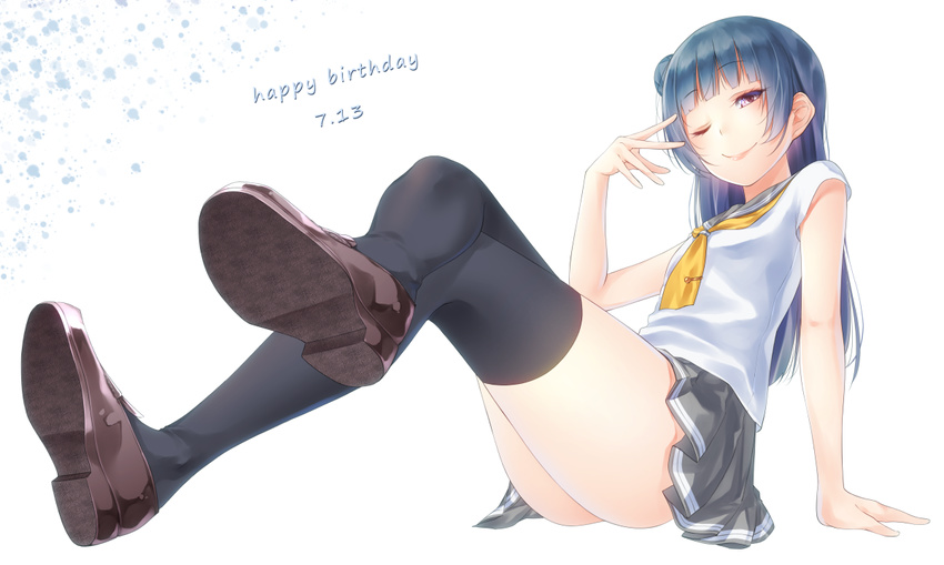 arm_support blue_hair crossed_legs dorsiflexion foreshortening happy_birthday loafers long_hair looking_at_viewer love_live! love_live!_sunshine!! one_eye_closed purple_eyes school_uniform serafuku shoe_soles shoes sitting smile solo thighhighs tsushima_yoshiko uranohoshi_school_uniform yamaishi_nohi