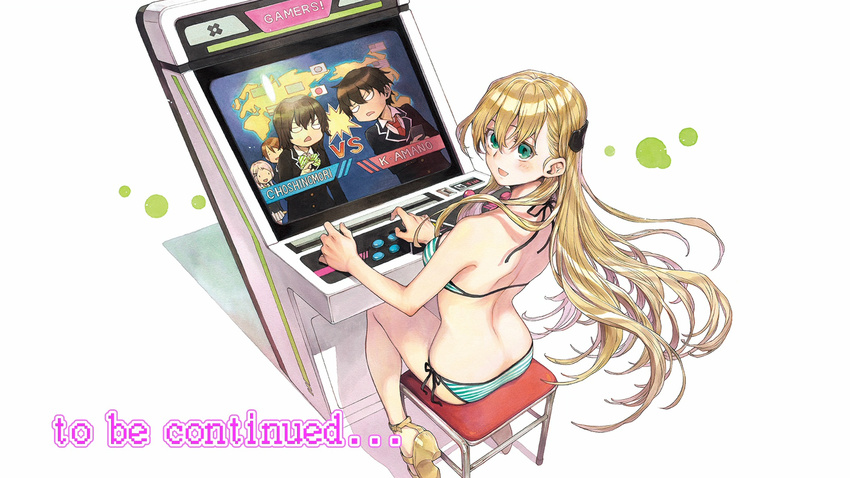 :d aguri_(gamers!) amano_keita_(gamers!) arcade_cabinet bikini blonde_hair breasts end_card from_behind gamers! green_eyes hair_between_eyes hair_ornament halterneck high_heels highres hoshinomori_chiaki long_hair looking_back miyuu open_mouth sandals side-tie_bikini sitting small_breasts smile solo striped striped_bikini swimsuit tendou_karen uehara_tasuku very_long_hair