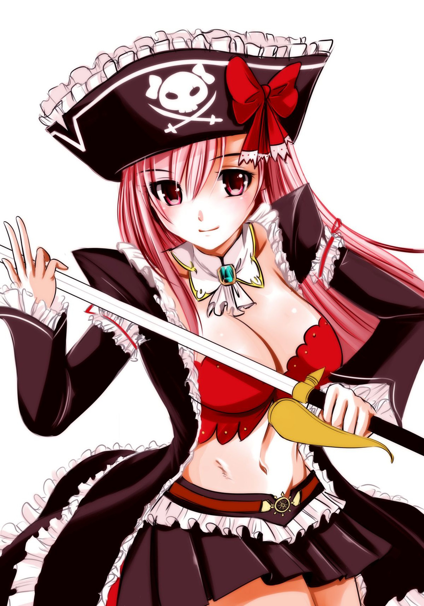 bow breasts captain_liliana cecil_(wing_r) frills hat highres jolly_roger large_breasts long_hair miniskirt pink_eyes pink_hair pirate pirate_hat pleated_skirt queen's_blade queen's_blade_rebellion ribbon skirt skull_and_crossed_swords solo sword very_long_hair weapon