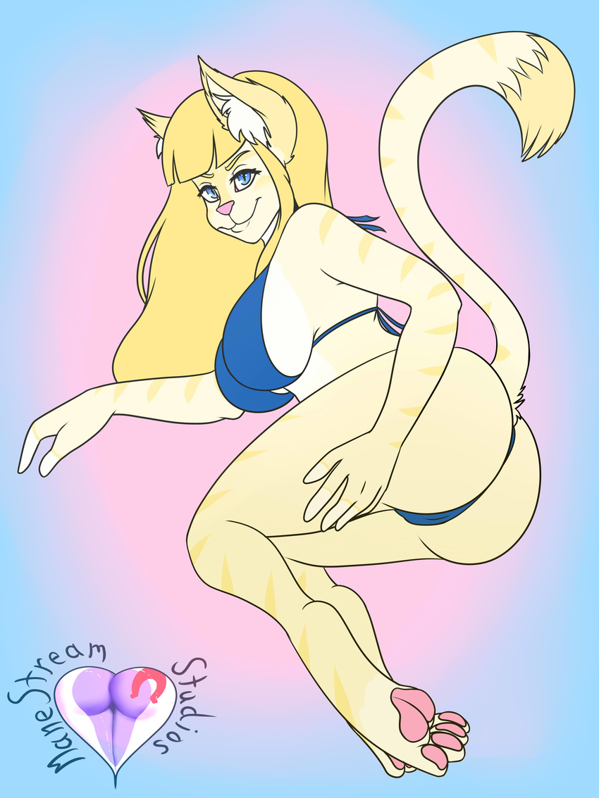 2017 absurd_res anthro big_breasts big_butt bikini blonde_hair blue_eyes breasts butt cat cleavage clothed clothing digital_media_(artwork) feline female fur hair hi_res invalid_tag looking_at_viewer mammal manestream_studios pink_nose simple_background smile solo swimsuit thick_thighs yellow_fur