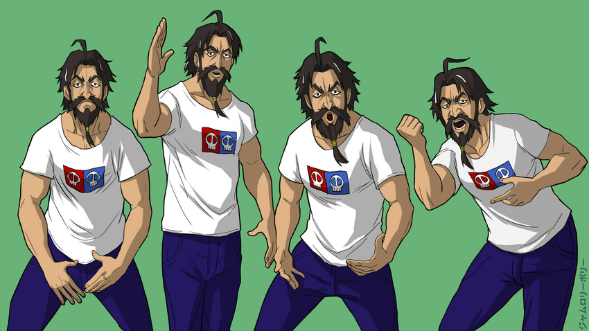 ahoge arm_up artist_name beard black_hair clenched_hand commentary denim edward_teach_(fate/grand_order) facial_hair fate/grand_order fate_(series) green_background highres jamrolypoly jeans just_do_it_(meme) male_focus meme mustache pants parody shia_labeouf shirt white_shirt