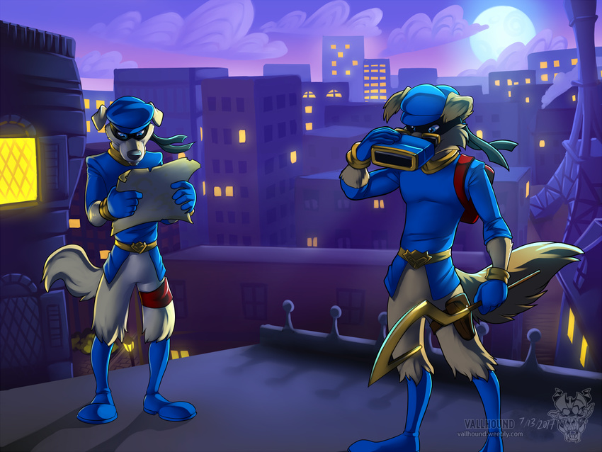 anthro canine city clothed clothing cosplay duo footwear hat male mammal map melee_weapon outside polearm raccoon scythe shoes sly_cooper sly_cooper_(series) standing vallhund video_games weapon