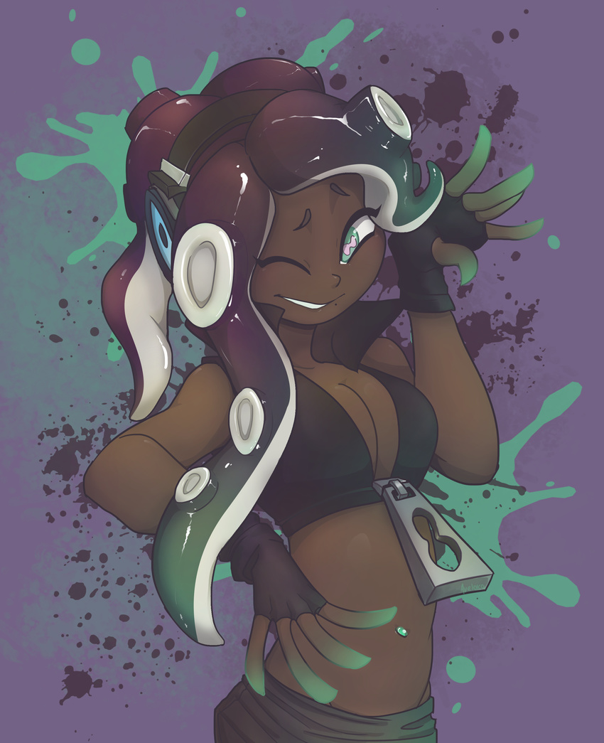 2017 absurd_res aveloka bare_shoulders beauty_mark breasts cephalopod cleavage clothed clothing dark_skin female fingerless_gloves gloves green_eyes hair headphones hi_res humanoid jacket long_hair marina_(splatoon) marine navel nintendo not_furry octoling octopus one_eye_closed smile solo splatoon tentacle_hair tentacles video_games wink