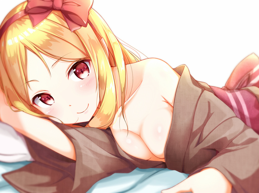 blonde_hair blurry blush bow breasts cleavage commentary_request depth_of_field eromanga_sensei eyebrows_visible_through_hair hair_bow japanese_clothes kimono long_hair looking_at_viewer medium_breasts na53 parted_lips pointy_ears smile solo yamada_elf yukata