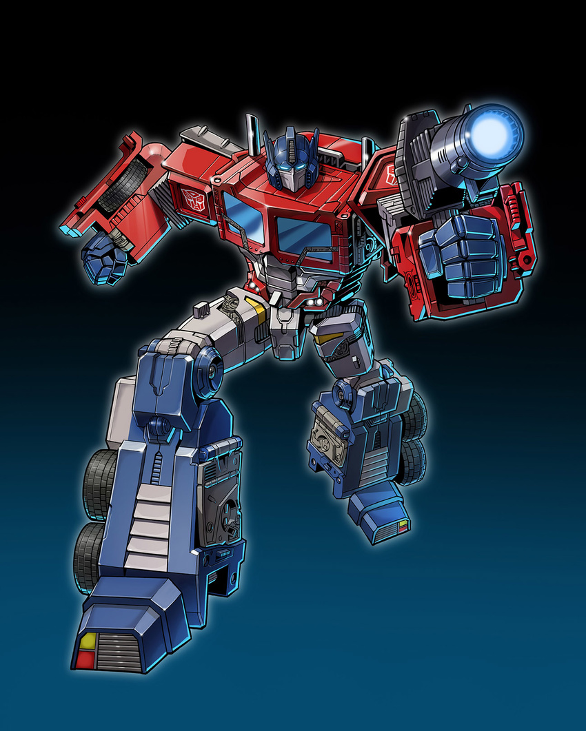 80s autobot blue_eyes clenched_hands commentary_request full_body glowing glowing_eyes glowing_weapon gun headgear highres holding holding_weapon insignia looking_at_viewer machinery mecha no_humans oldschool optimus_prime optimus_prime_(idw) pose robot solo standing the_transformers_(idw) transformers weapon zuma_(zuma_yskn)