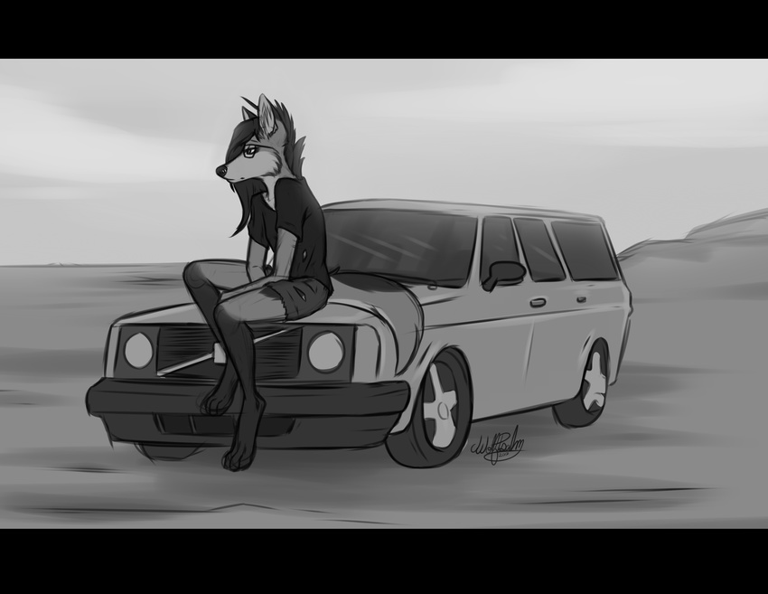 2017 anthro canine clothed clothing digital_media_(artwork) eyewear female fully_clothed glasses mammal maned_wolf monochrome solo volvo wolfpsalm