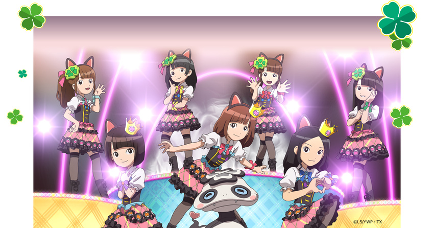 6+girls bangs black_hair blunt_bangs blush_stickers bob_cut brown_hair cat_ears character_request clover_hair_ornament corset eyebrows_visible_through_hair fake_animal_ears fangs four-leaf_clover hair_ornament hand_on_hip happy heart_hands lace-up_boots long_hair mini_crown multiple_girls nyaakb official_art ponytail pose puffy_short_sleeves short_hair skirt skirt_set small_breasts smile stage thighhighs tsuchinokopanda youkai youkai_watch zettai_ryouiki