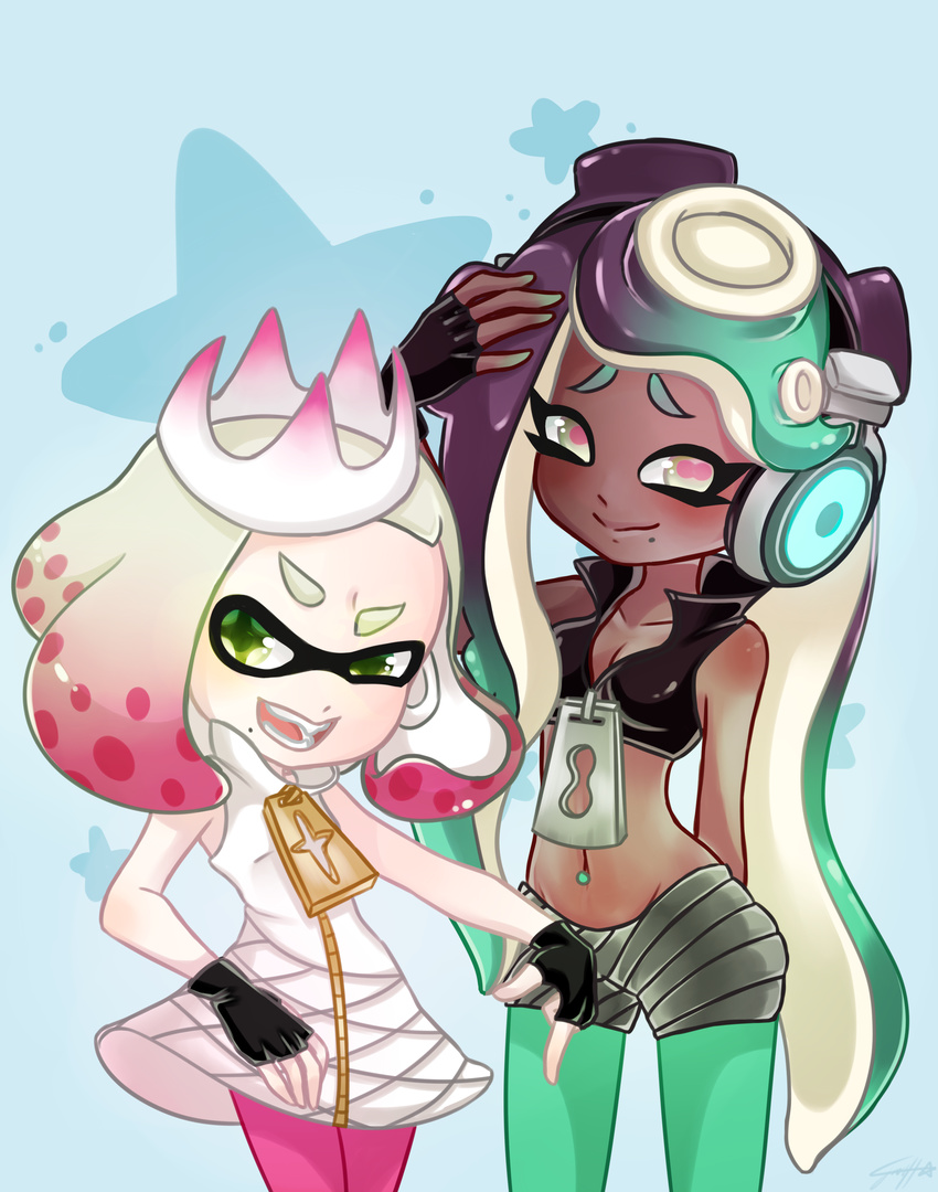 2017 absurd_res bare_shoulders beauty_mark cephalopod clothing crown dark_skin dress duo fangs female fingerless_gloves gloves green_eyes hair headphones hi_res humanoid inkling jacket jingeedraws lipstick long_hair makeup marina_(splatoon) marine mask navel nintendo not_furry octoling octopus pearl_(splatoon) short_hair smile splatoon squid tentacle_hair tentacles video_games yellow_eyes