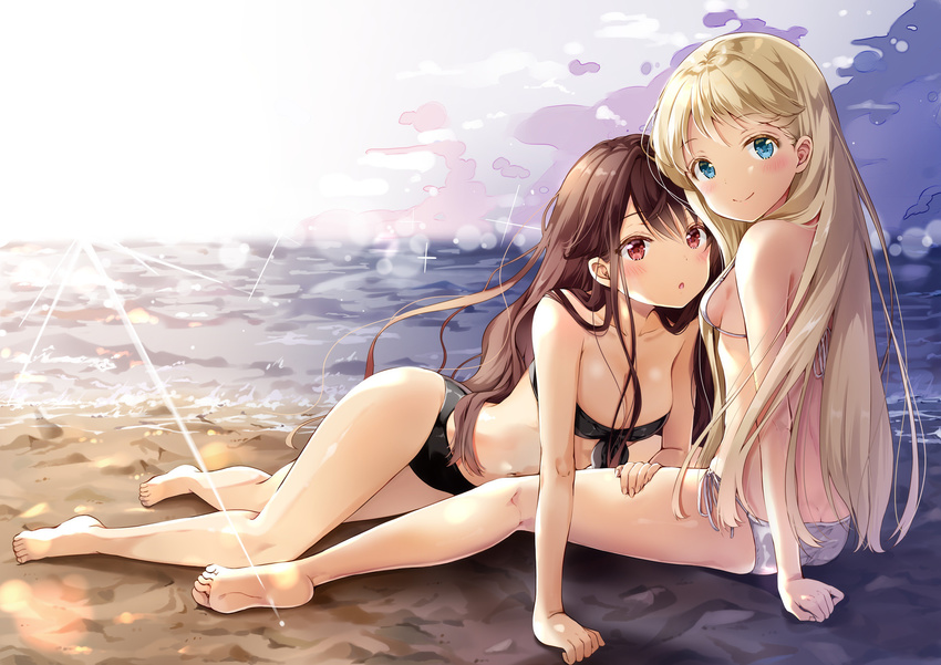 absurdres arm_support bandeau bare_legs bare_shoulders barefoot beach bikini black_bikini blonde_hair blue_eyes blush breasts brown_hair cleavage closed_mouth day hair_over_breasts hand_on_another's_thigh highres long_hair looking_at_viewer lying medium_breasts multiple_girls navel open_mouth original outdoors red_eyes revision side-tie_bikini sideboob sitting small_breasts smile sparkle sunlight swimsuit white_bikini yoshida_iyo yuri